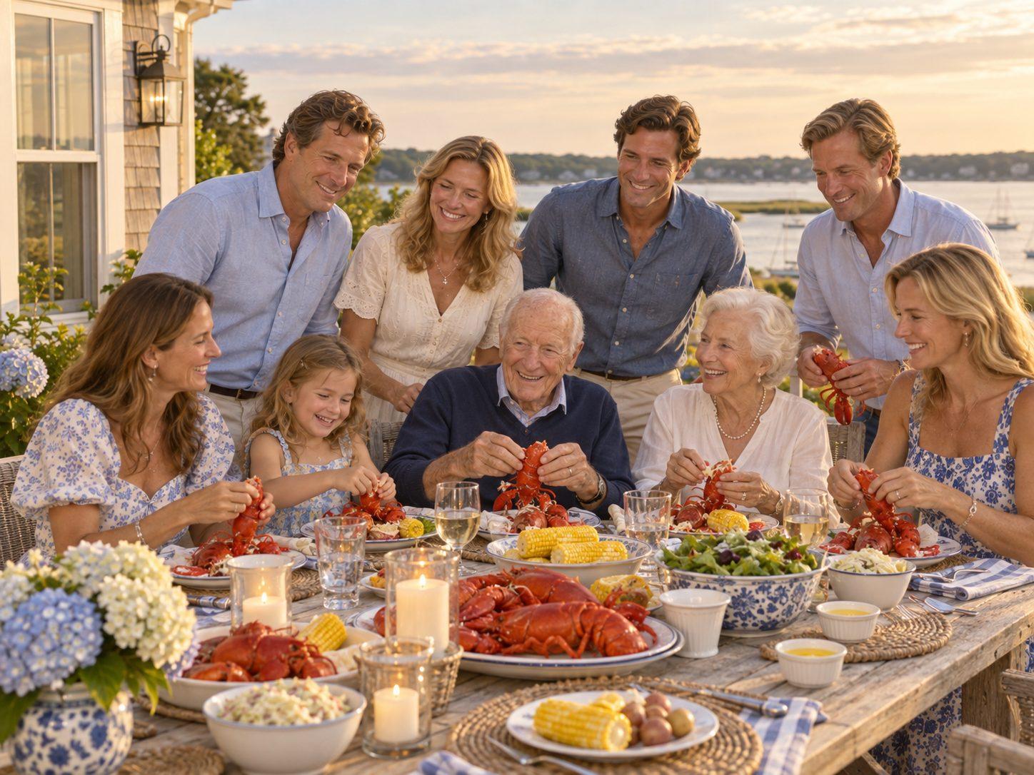 Family and friends gathered around a lobster dinner.