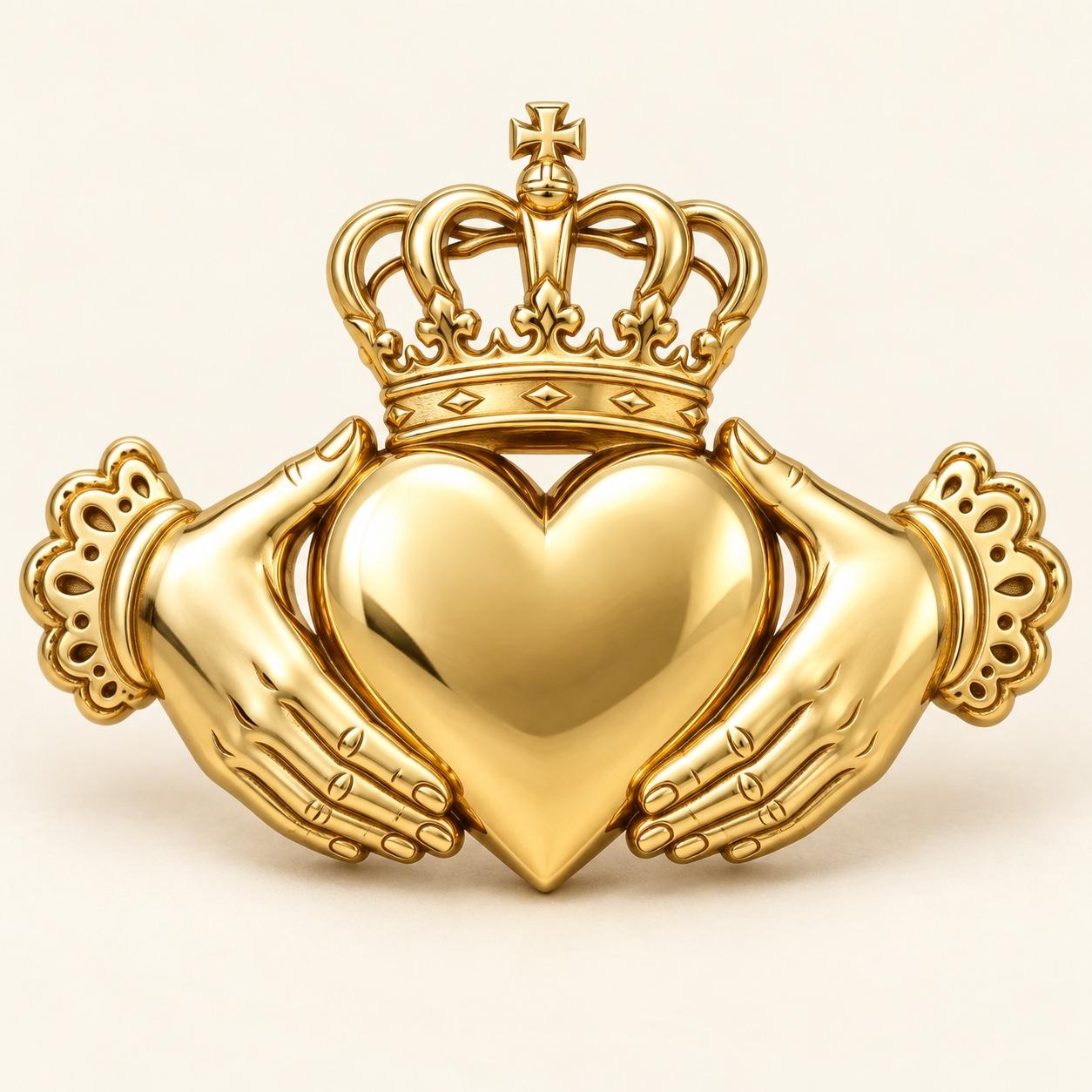A gold Claddagh symbol representing love, loyalty, and friendship