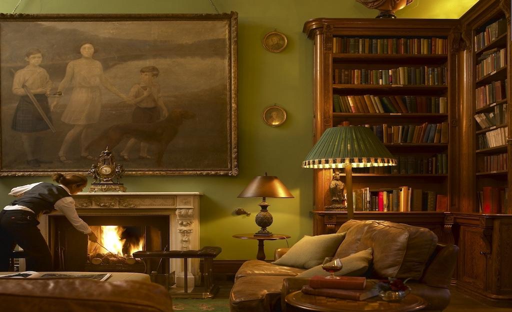 A family library and fireplace