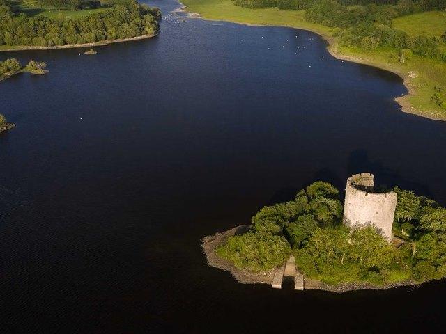 Clogh Oughter Castle on its island, aerial view