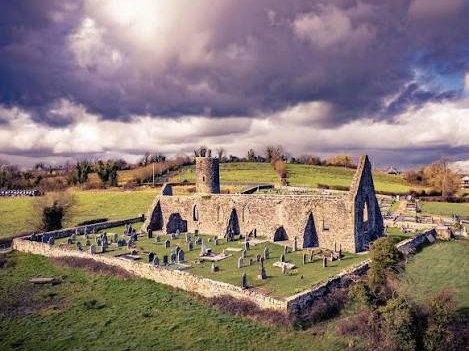Drumlane Abbey and Round Tower, aerial view