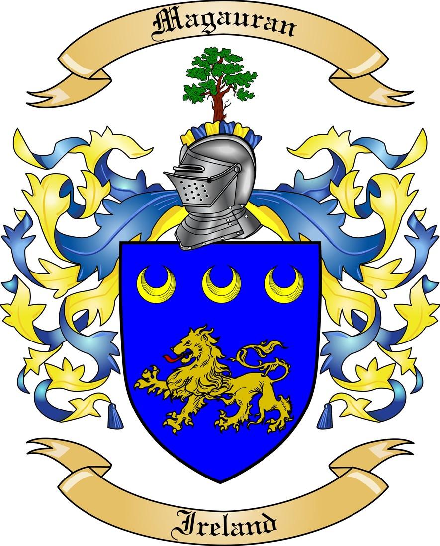 The accepted arms: a blue shield with a gold lion walking and three gold crescents across the top, a helmet, and an oak tree as the crest