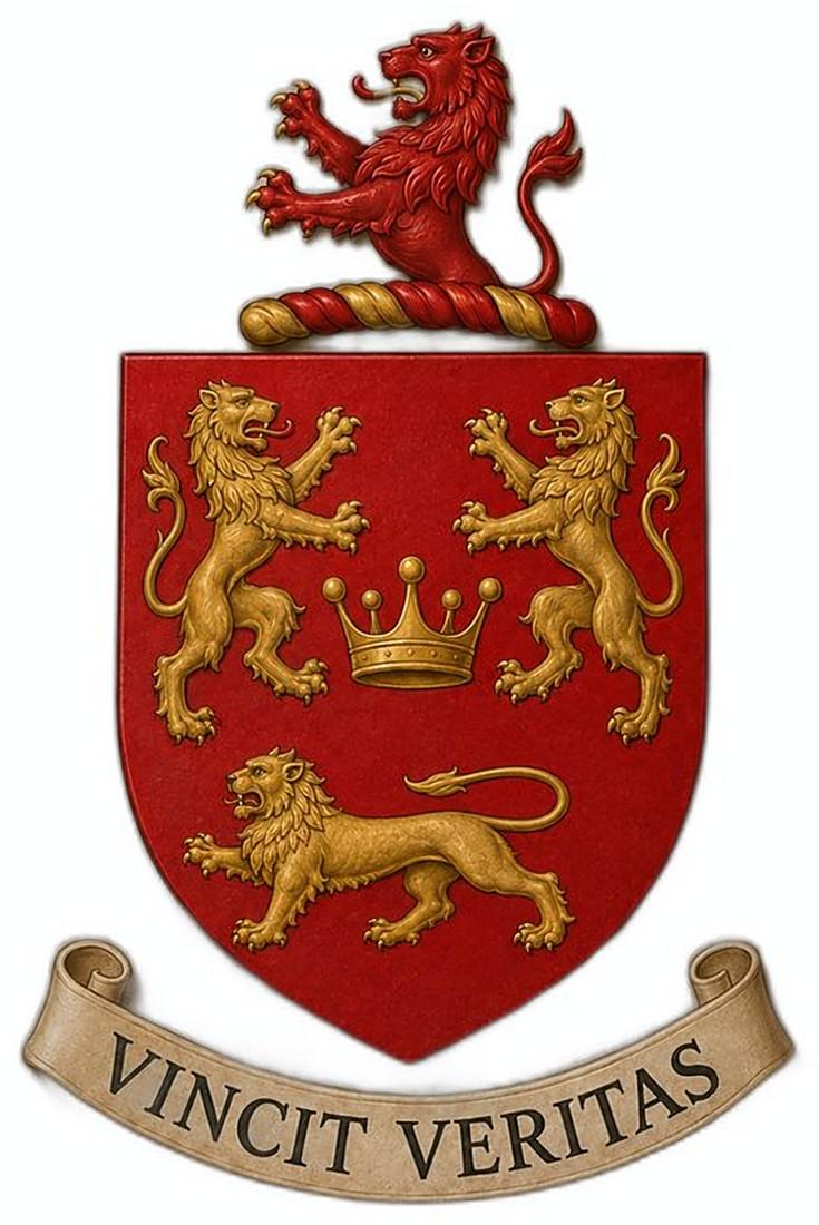 The arms John O'Hart recorded under MaGauran: a red shield with two lions standing, a lion walking and a crown, a red half-lion as the crest, and the motto Vincit Veritas