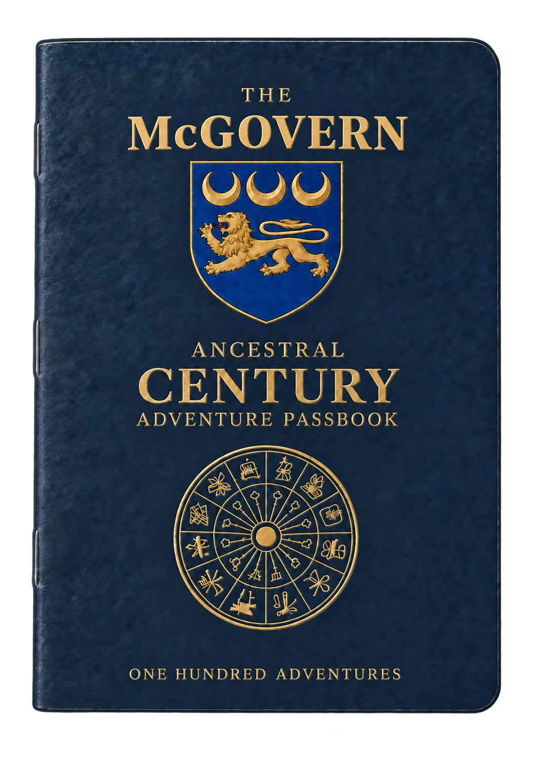 The McGovern Ancestral Century Adventure Passbook in heraldic navy and antique gold