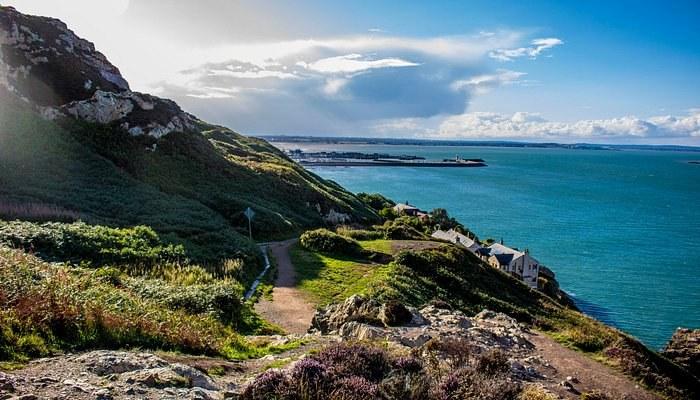 The cliff path on Howth Head above Dublin Bay, with Howth harbor below